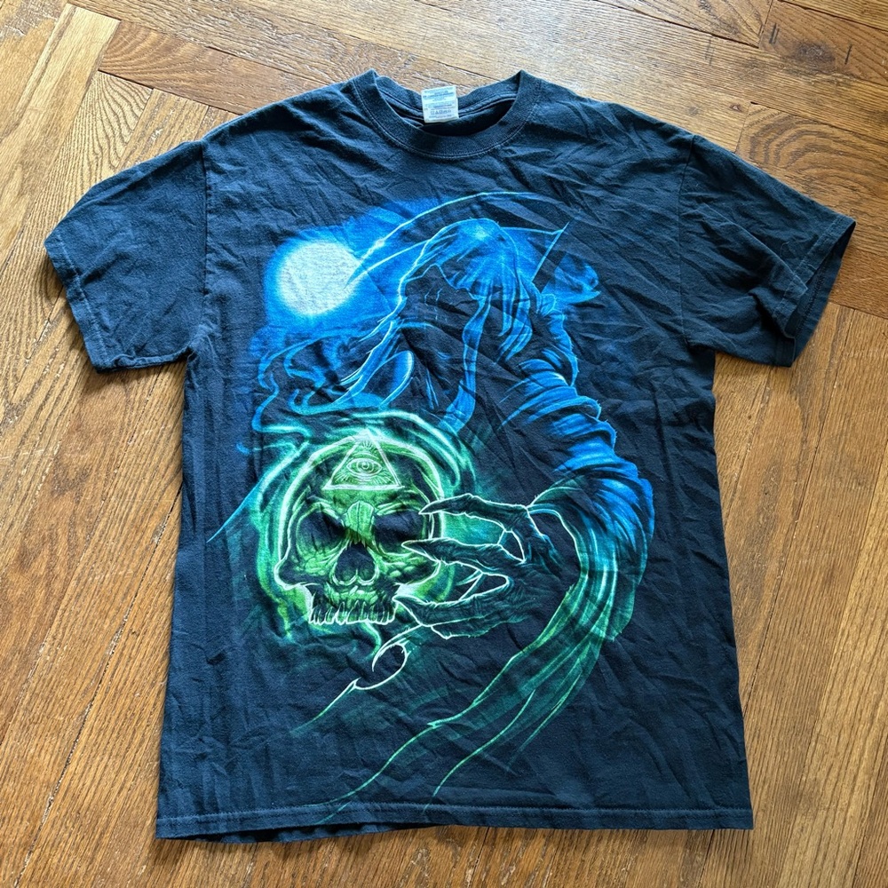 Vintage Gildan Grim Reaper Skull‎ Graphic T-Shirt Black Glow All Seeing Eye M